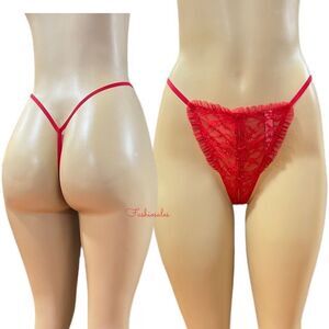 Victorias Secret Dream Angels Lace Ruffle Trim V String thong Panty Red